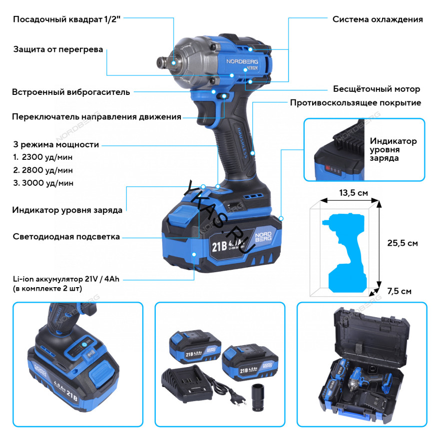 Аккумуляторный гайковерт NORDBERG NE802K (1/2", 21В, 500Нм)