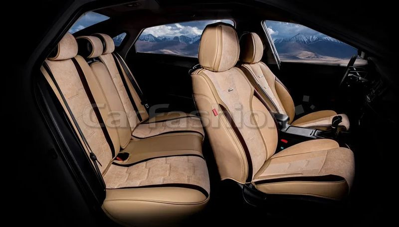 Чехлы  «5D» PREMIUM каркасные «SMART PLUS» Бежевый/Бежевый/Кофе  (экокожа/велюр премиум класса)