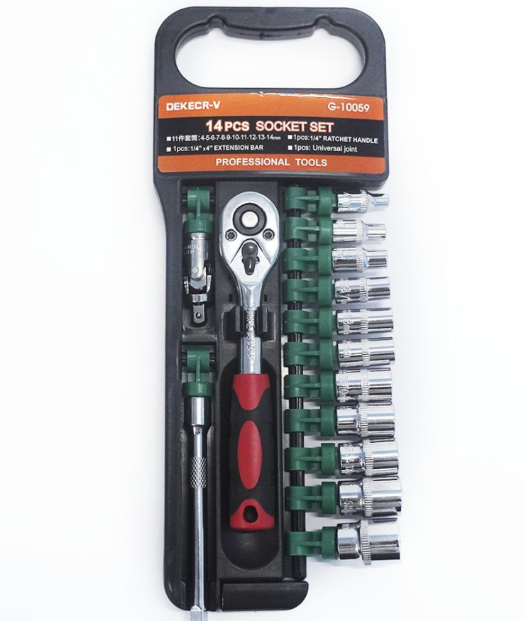 DC Набор торцевых головок с трещеткой 1/4" 14 предметов (короткие)