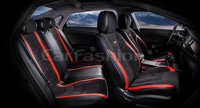 Чехлы  «5D» PREMIUM каркасные «SMART PLUS» Чёрный/Чёрный/Красный  (экокожа/велюр премиум класса)