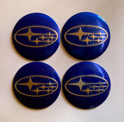 Этикетки на диски (метал)  диам. 56,5мм.  "SUBARU" синий  (4 шт.)