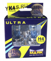 Лампа МАЯК 12V    H4   60/55W  Ultra  P43t White Vision+150% (к-т.2шт)