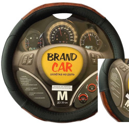 Оплетка на руль BRENDCAR "WOOD 235" - М, Чёрный/дерево коричневый (кожа)