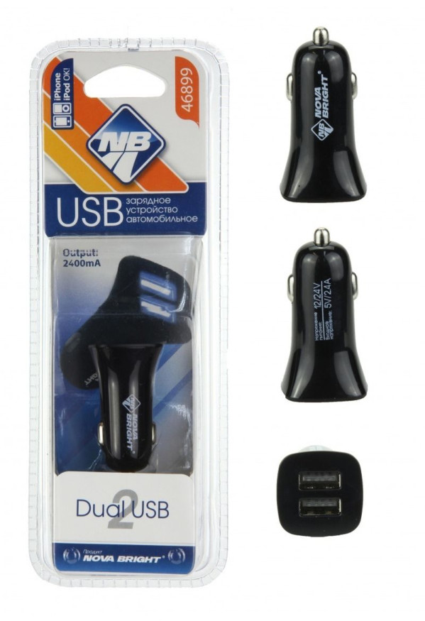 АЗУ  "Nova Bright"   для моб. телефонов, 2 USB-порта, 12/24В