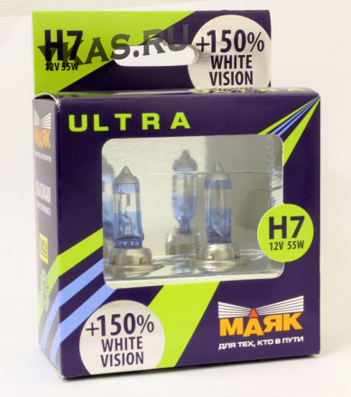 Лампа МАЯК 12V    H7   55W  Ultra  PX26d White Vision+150% (к-т.2шт)