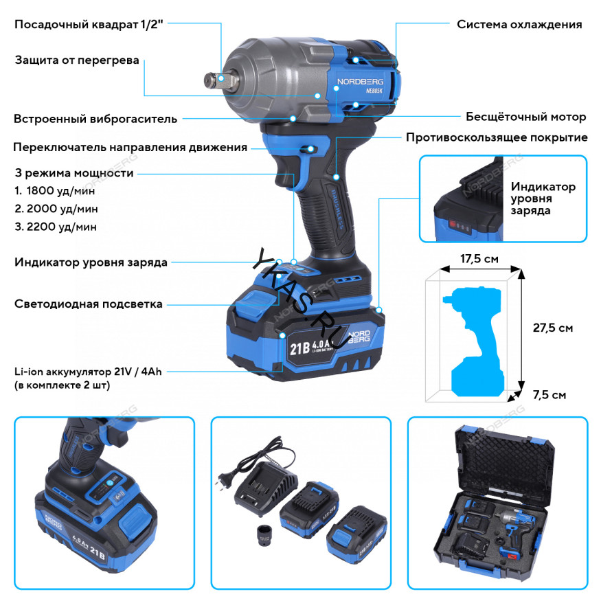 Аккумуляторный гайковерт NORDBERG NE805K (1/2", 21В, 1000Нм)