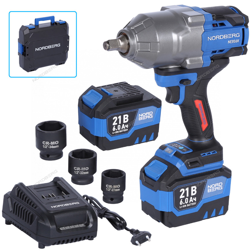 Аккумуляторный гайковерт NORDBERG NE806K-1/2 (1/2", 21В, 1500Нм)