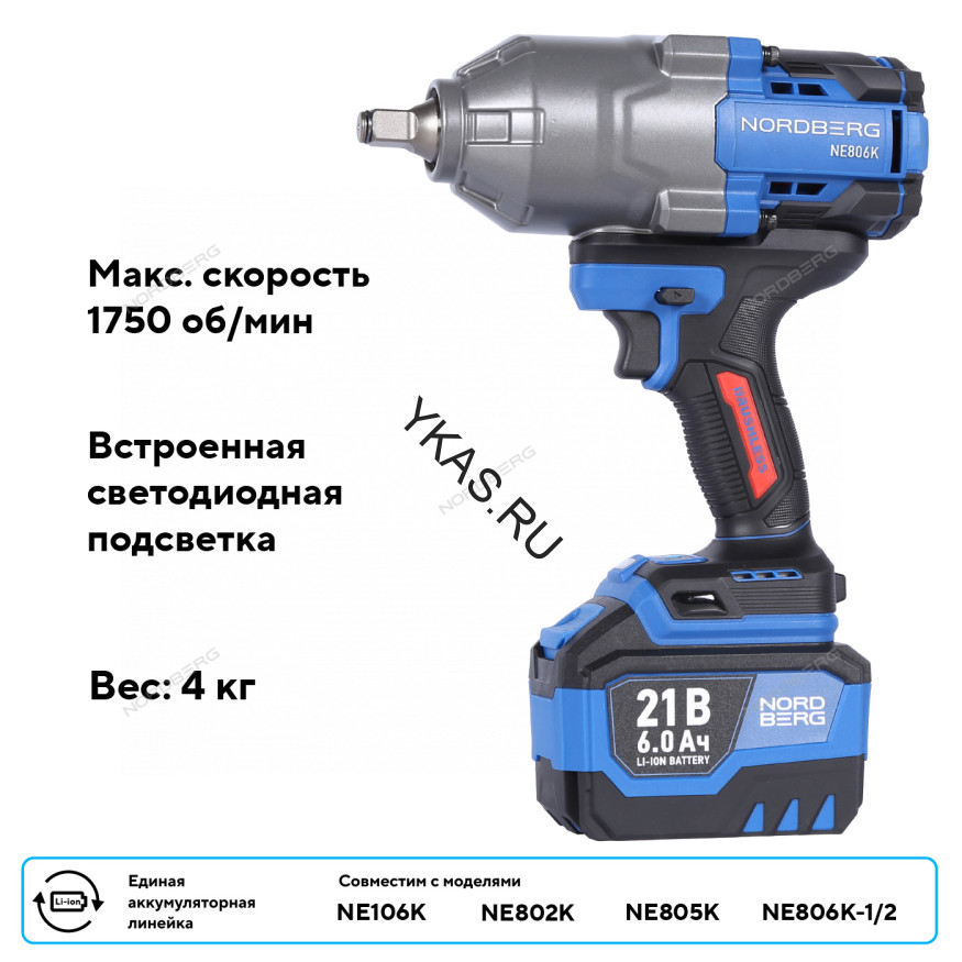 Аккумуляторный гайковерт NORDBERG NE806K-1/2 (1/2", 21В, 1500Нм)