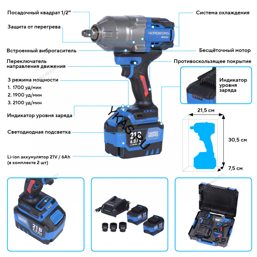Аккумуляторный гайковерт NORDBERG NE806K-1/2 (1/2", 21В, 1500Нм)