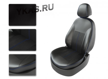 АВТОЧЕХЛЫ  Экокожа  Hyundai Solaris  седан  с 2010-2014г- черный/черный/синий  раздельн. (Premium)