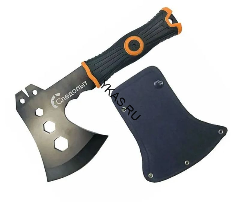 Топор туристический "СЛЕДОПЫТ" 240*130*85 мм, 350 гр., обрез.ручка с оранж. вставками,в чехле