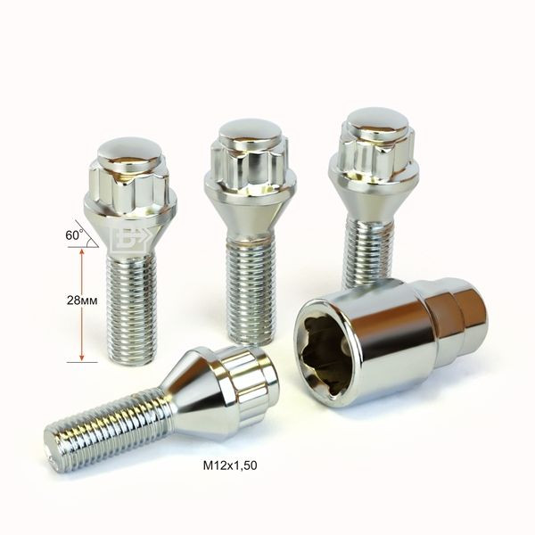 Секретные болты  М12x1,5 L=28мм конус, хром (ключ 17/19)