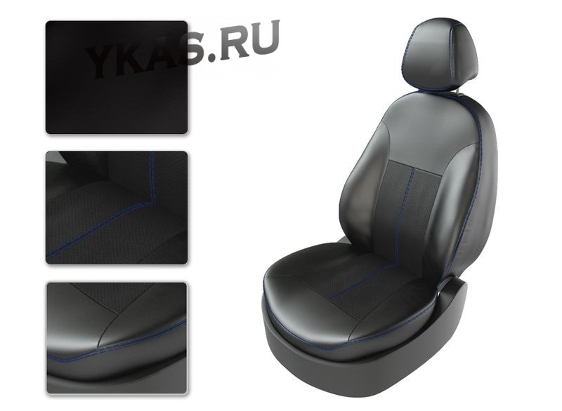 АВТОЧЕХЛЫ  Экокожа  Hyundai Solaris II  с 2017г- черный/черный/синий (Premium)