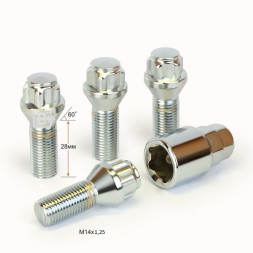 Секретные болты  М14x1,25 L=28мм конус, хром (ключ 17/19)