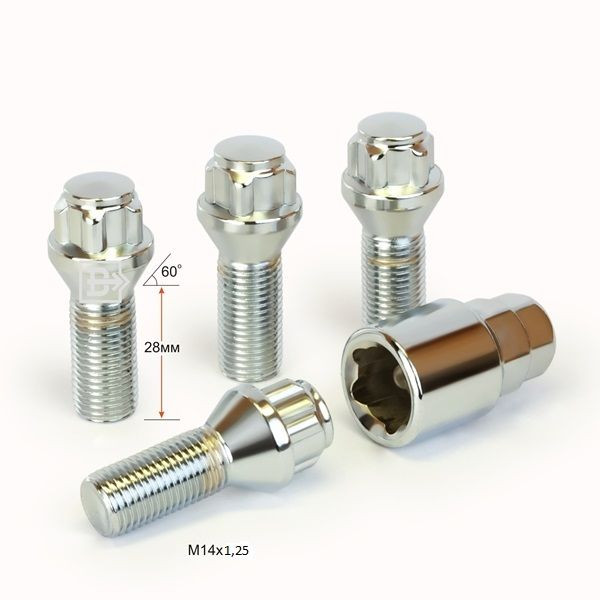 Секретные болты  М14x1,25 L=28мм конус, хром (ключ 17/19)