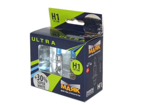 Лампа МАЯК 12V    H1  55W  Ultra   Р14,5s Super White+30% (к-т.2шт)