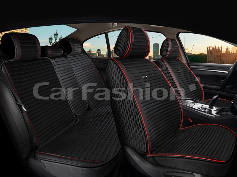 Комплект Накидок  «MONACO FULL PLUS»  Чёрный/Чёрный/Красный  (велюр премиум класса/экокожа)